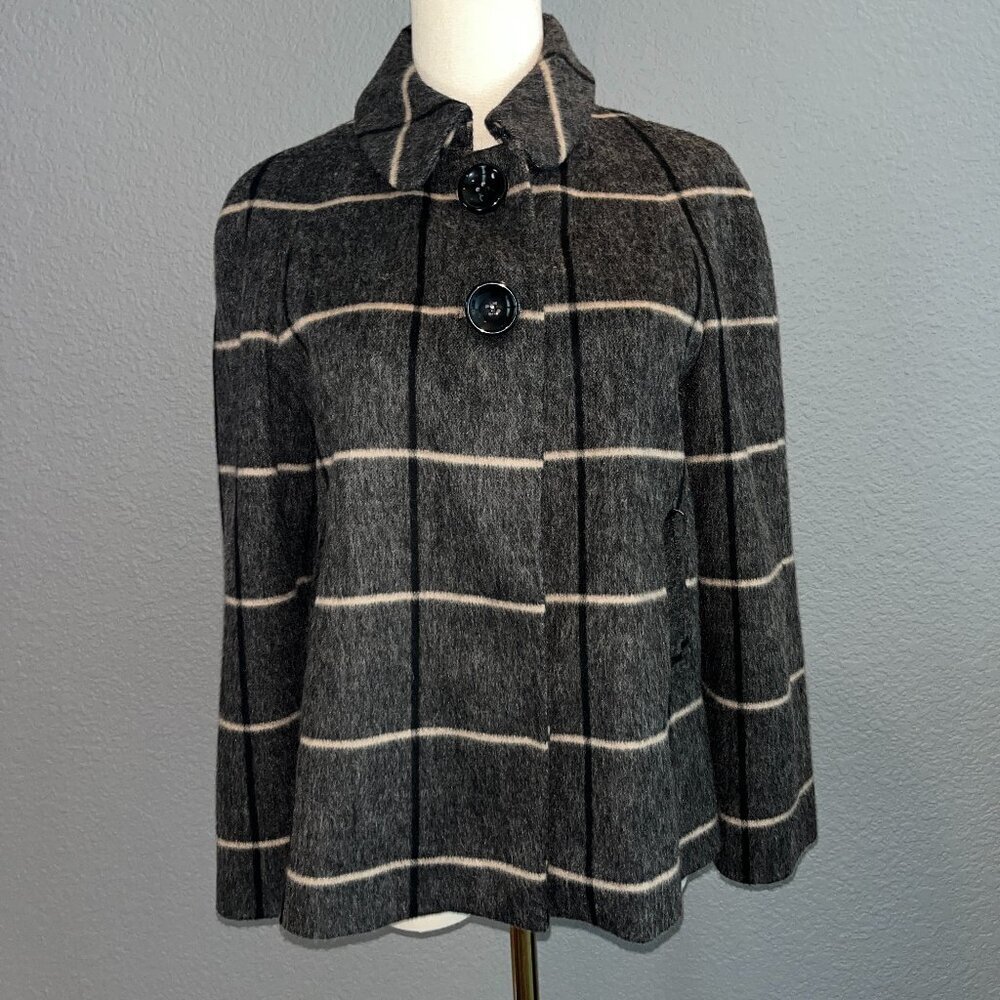 ZARA BASICS WOOL BLEND PLAID WINDOWPANE CROPPED PEA COAT - PLEAT BACK - EUC - S